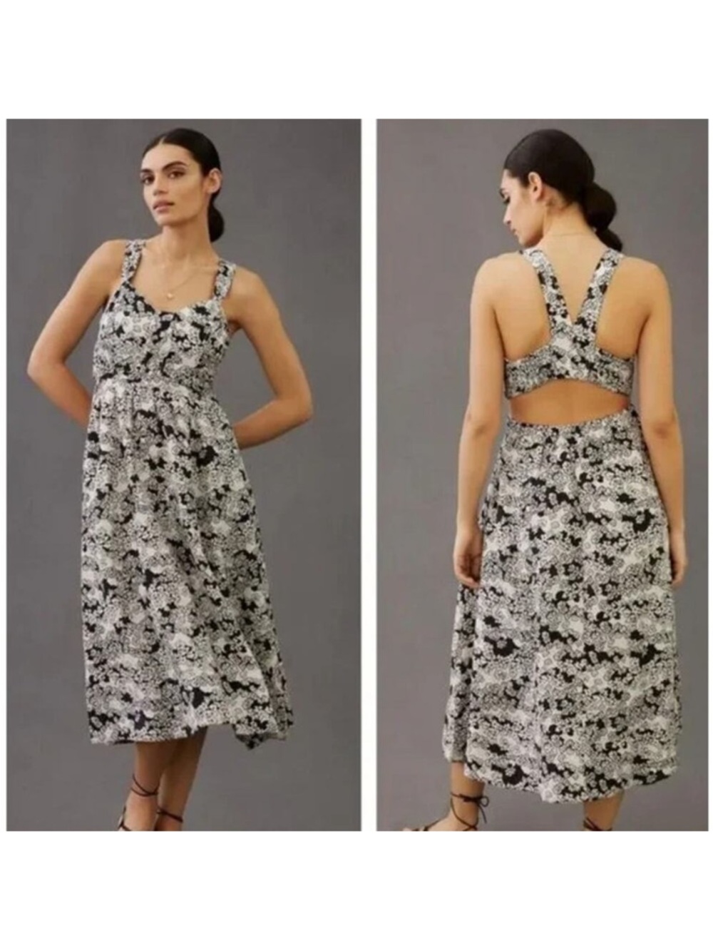 Anthropologie Black White Floral Printed Midi Linen Blend Summer Dress Medium